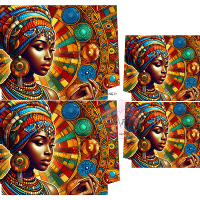 Mulher africana com turbante colorido e fundo decorativo circular