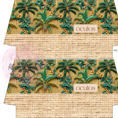 Rótulos decorativos para óculos com padrão de folhas e flores verdes e textura de palha.