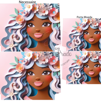 Conjunto de necessaire e porta-moeda com estampa de rosto feminino com cabelo branco e flores coloridas