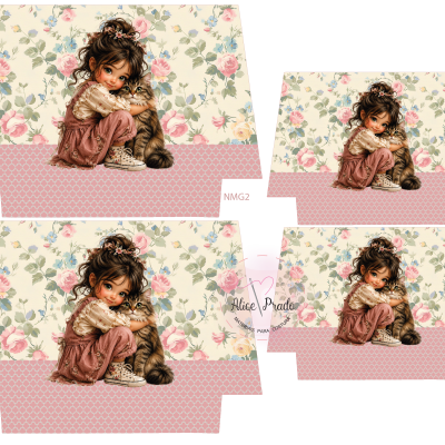 Ilustração de menina com gato em fundo floral com padrão rosa