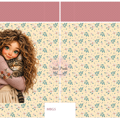 Capa de caderno com ilustração de rapariga com cat e padrões florais e bolinhas.