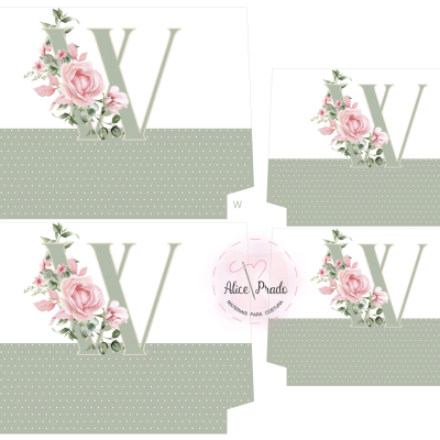 Caixas de papel brancas e verde-acinzentadas com letra V e flores rosa