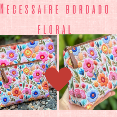 duas necessaires bordadas florais coloridas com fechos de correr e detalhes em couro