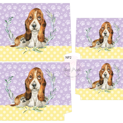 Caixas de papel com ilustração de cachorro basset hound e padrões lilás e amarelo