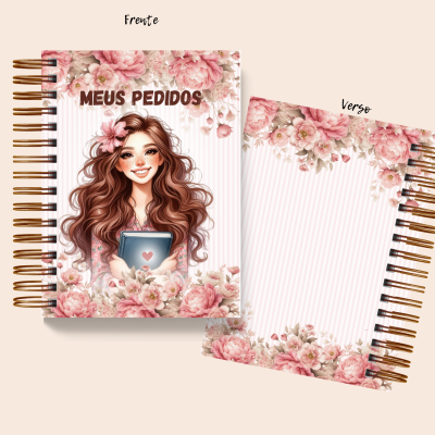 Caderno com capa ilustrada de jovem segurando livro e flores rosa, texto MEUS PEDIDOS