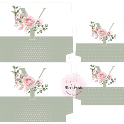 Conjunto de caixas de presente com flor e letra Y em tons pastéis