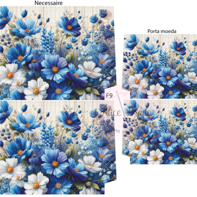 Conjunto de necessaire e porta moeda com padrão floral azul e branco em tecido