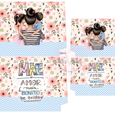 embalagens com padrão floral e texto sobre amor de mãe