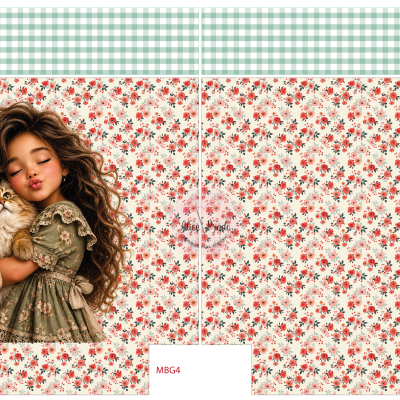 Embalagem com padrão floral e ilustração de rapariga com gato