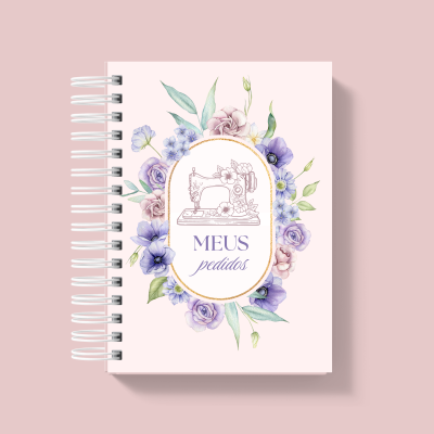 Caderno espiral cor-de-rosa com flores e texto MEUS pedidos