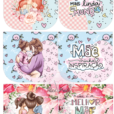 Ilustrações coloridas com mães e filhos e frases carinhosas para o Dia da Mãe