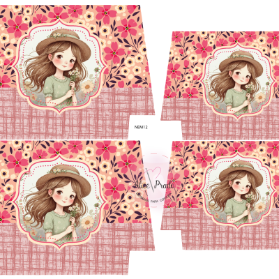 Papéis para costura com padrão floral e desenho de menina com chapéu