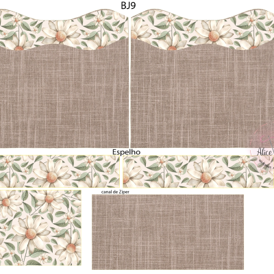 Peças cortadas para confecção de bolsa com padrão floral e tecido castanho.