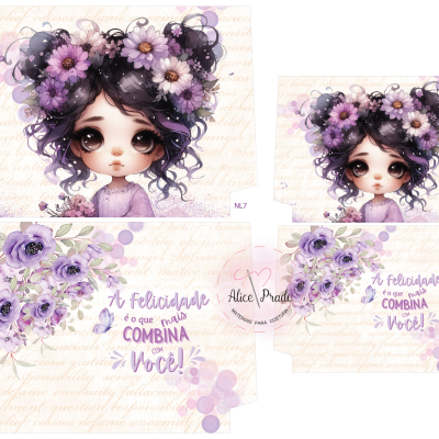 Ilustração de rapariga com flores lilases no cabelo e fundo com texto em português.