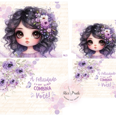 Desenho de menina com flores roxas no cabelo e texto inspirador em português