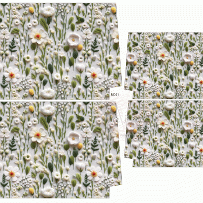 Tecido estampado com padrão floral em fundo claro, com etiquetas 'N021'