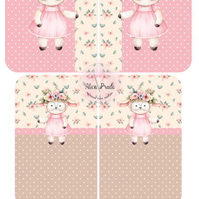 Padrão de costura com ilustração de ovelha com vestido rosa, fundo rosa com bolinhas brancas e flores