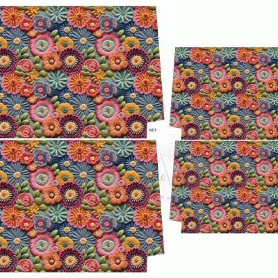 Tecidos com padrão floral colorido em fundo azul com etiqueta N25