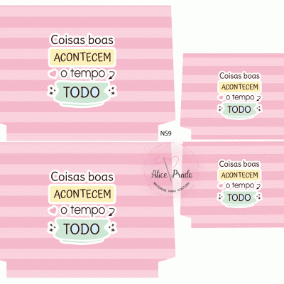 Cartões cor-de-rosa com texto motivacional em português e desenhos decorativos