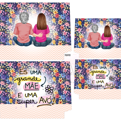 Três peças de tecido com padrão floral, ilustração de mulher e jovem vistas de costas e texto em português sobre mãe e avó.