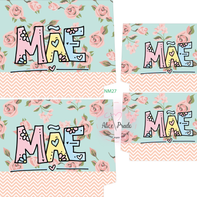 Caixas de papelão desdobradas com padrão floral e palavra MÃE colorida