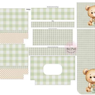 Peças para embalagem xadrez verde e bege com ilustração de urso e texto Alice Prado em fundo branco