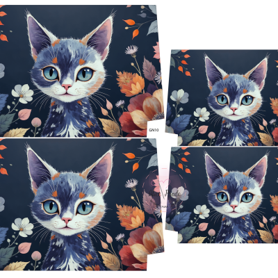 Estampado de gato azul e branco com flores em tecido azul escuro