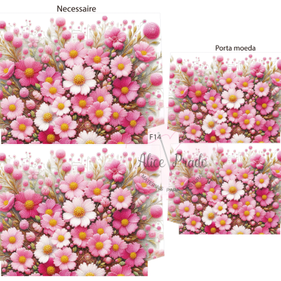 Conjunto floral rosa e branco de necessaire e porta-moedas