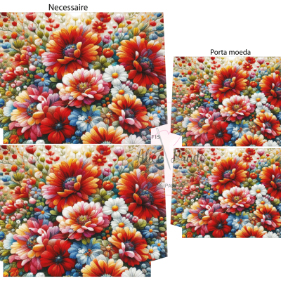 Necessaire e porta moeda com padrão floral colorido em azul, vermelho e laranja