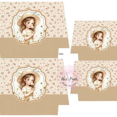 Padrão de impressão com ilustração de menina e fundo floral e bege