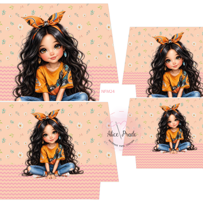 Pano estampado com desenho de menina com laço laranja e flores brancas em fundo pêssego.