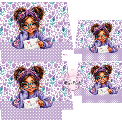 Ilustração colorida de rapariga com óculos azuis segurando envelope com palavra love e fundo com corações e flores lilás