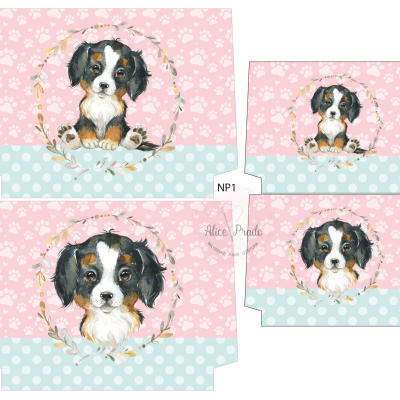 Caixas de papel rosa e azul com ilustração de cão e padrão de patas e bolinhas.