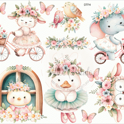 Desenhos infantis de animais com flores e bicicletas em tons pastel
