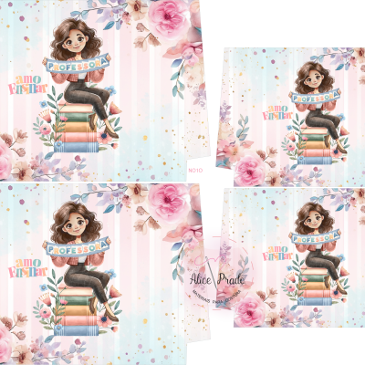 Papel decorativo com ilustração de mulher sentada em livros e textos 