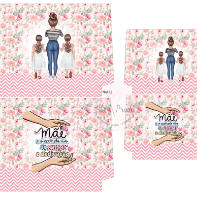 Conjunto de tecidos decorativos com padrão floral, zig-zag e ilustrações de mãe e crianças com texto sobre amor e dedicação materna.