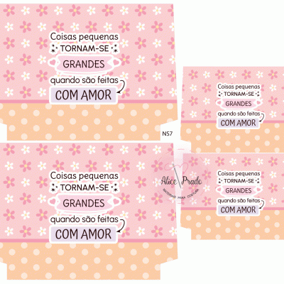 Etiquetas rosa com flores e bolinhas com texto em português sobre amor