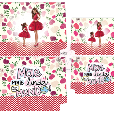 Caixas decoradas com mulher e menina em vestido vermelho e texto de agradecimento para a mãe