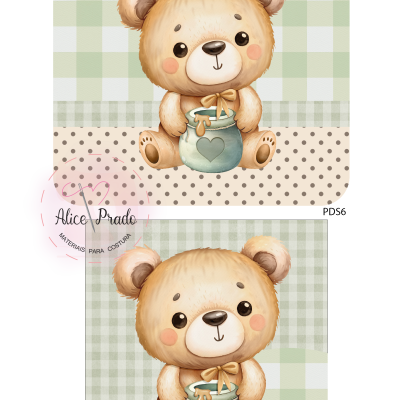 Ilustração de urso de pelúcia com pote e fundo xadrez e bolinhas