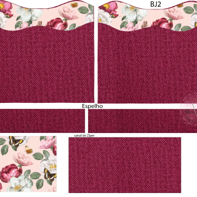 Conjunto de tecidos florais e vermelhos com etiquetas e nomeações em português