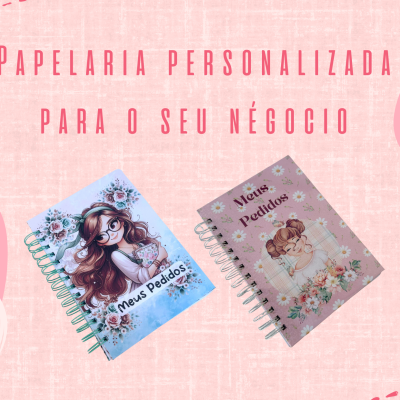 Dois cadernos espiralados com capas ilustradas de raparigas e texto 'Meus Pedidos' sobre fundo rosa com texto promocional em português.