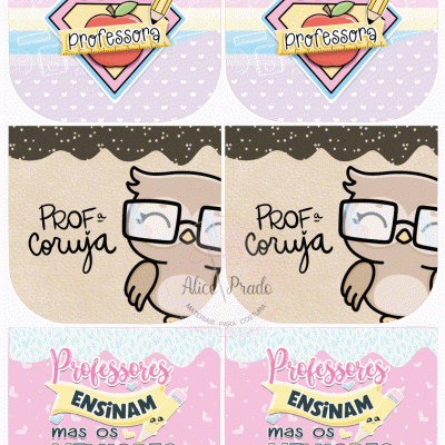 Três conjuntos de imagens decorativas com temas de educação e professores, incluindo textos em português e desenhos coloridos.