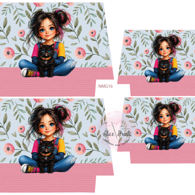 Padrões têxteis com ilustração de menina e gato em fundo floral azul