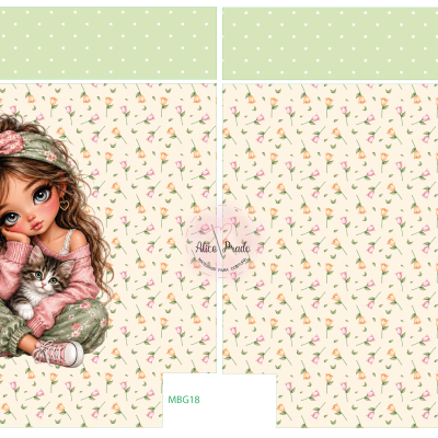 Embalagem com padrão floral e ilustração de menina com gato.