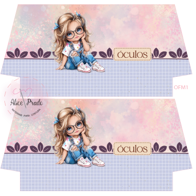 Ilustração de menina loira com óculos sentada com fundo quadriculado azul e rosa
