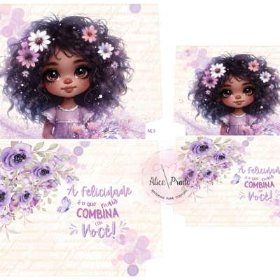 Ilustração de rapariga com flores no cabelo e cartão com mensagem e flores lilases