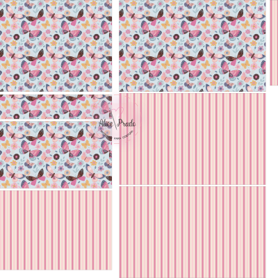 tecidos com padrões de borboletas, flores coloridas e riscas rosas variados