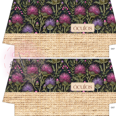 Etiqueta para óculos com padrão floral e textura de juta