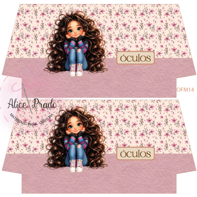 Molde de embalagem de óculos rosa com padrão floral e ilustração de menina com cabelo castanho comprido cacheado