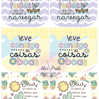 Ilustrações com frases motivacionais, desenhos de barco, flores e cactos em tons pastel e fundos com padrões delicados.